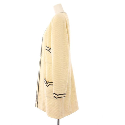 Chanel Collarless Coat Tweed Outer Buttonless 38 Beige KH