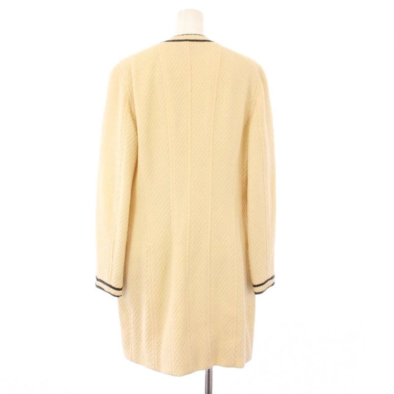 Chanel Collarless Coat Tweed Outer Buttonless 38 Beige KH