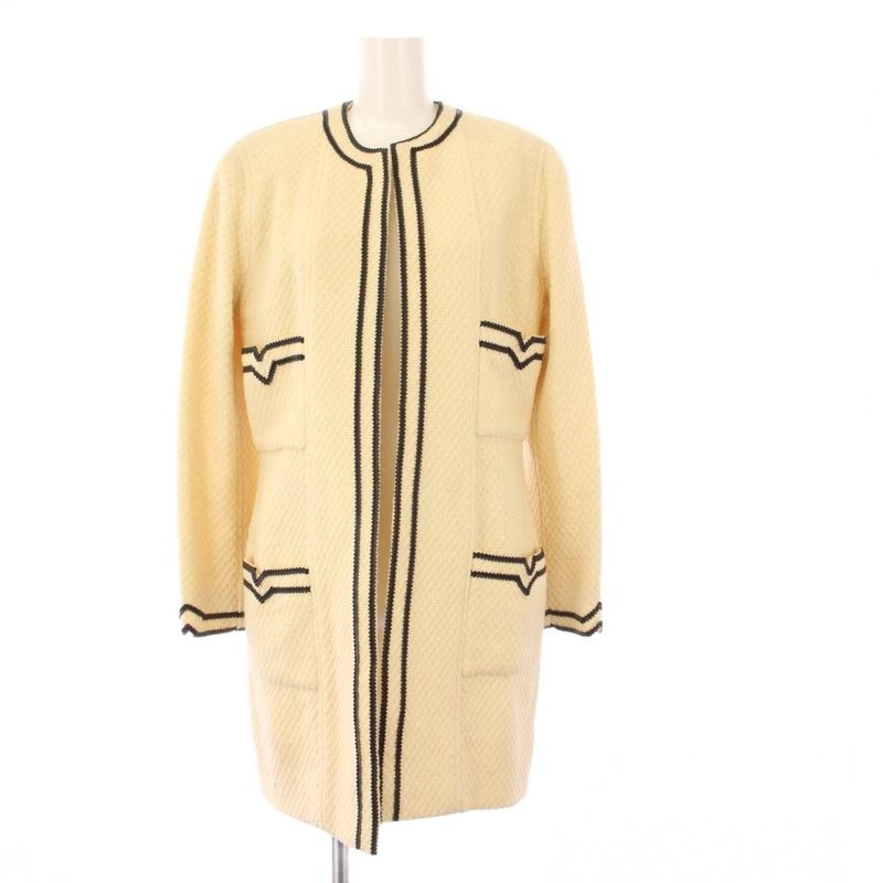 Chanel Collarless Coat Tweed Outer Buttonless 38 Beige KH