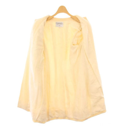 Chanel Collarless Coat Tweed Outer Buttonless 38 Beige KH