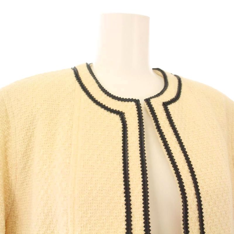 Chanel Collarless Coat Tweed Outer Buttonless 38 Beige KH