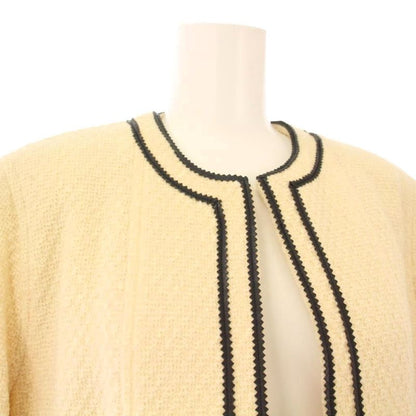 Chanel Collarless Coat Tweed Outer Buttonless 38 Beige KH