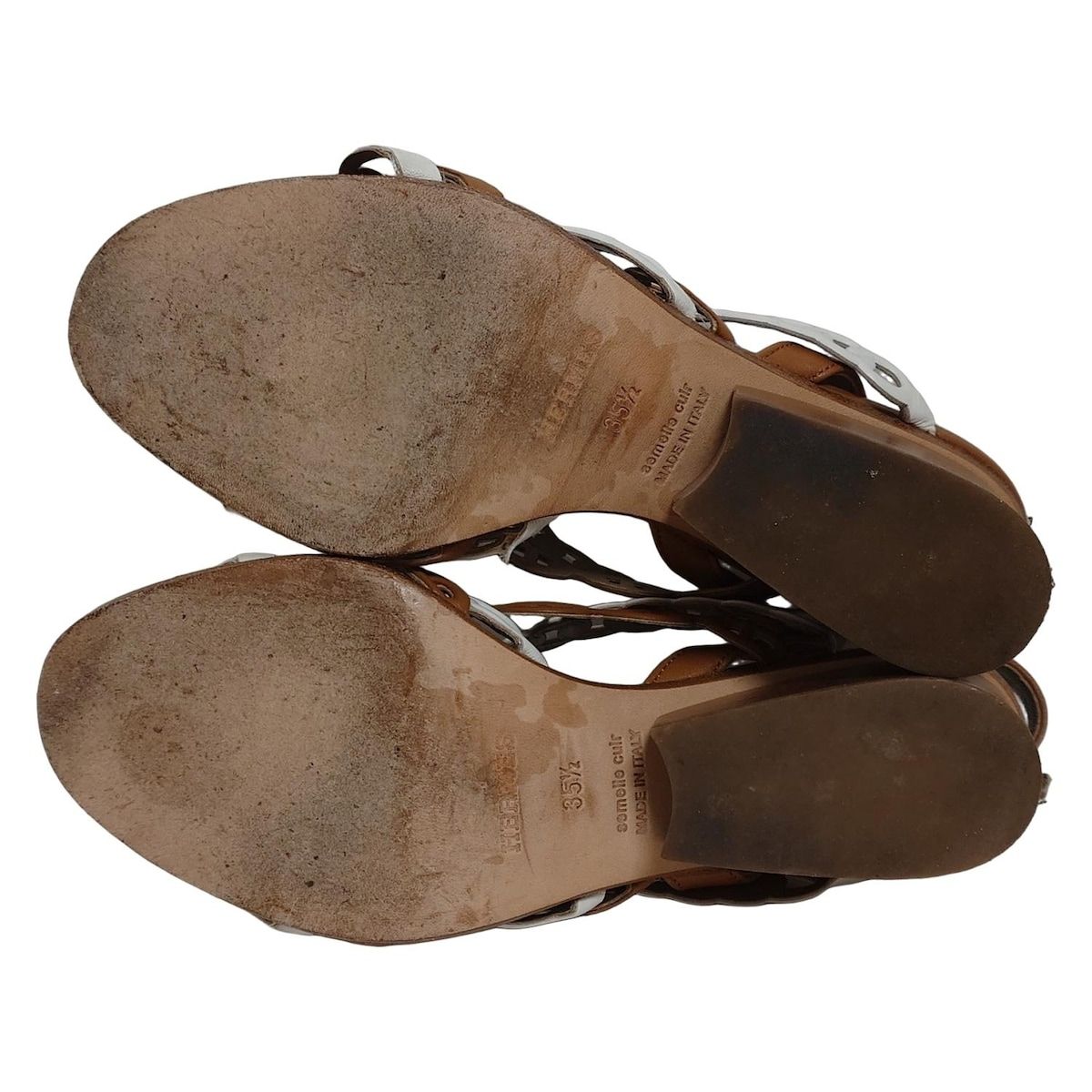 Hermes Sandals 35 1/2 Women's Romanza White X Light Brown Chaine Dancre Leather