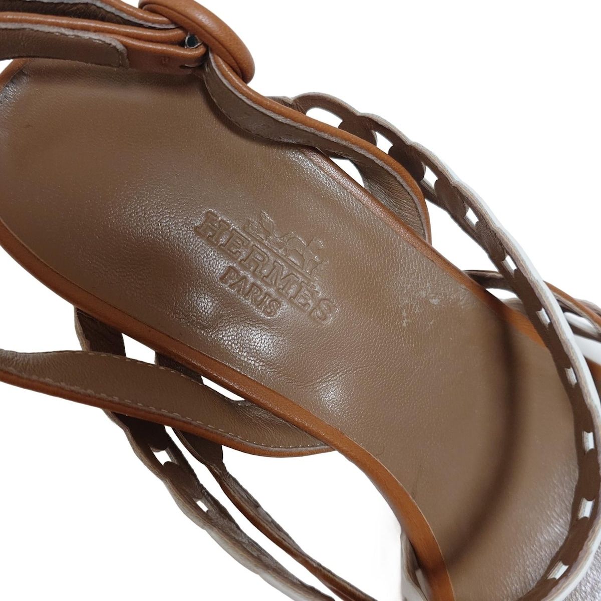 Hermes Sandals 35 1/2 Women's Romanza White X Light Brown Chaine Dancre Leather