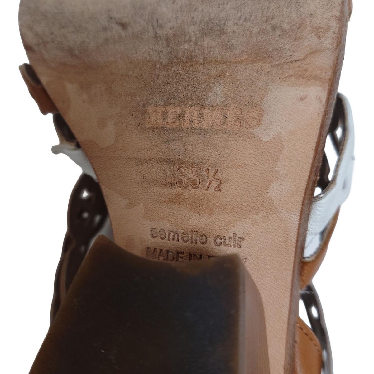 Hermes Sandals 35 1/2 Women's Romanza White X Light Brown Chaine Dancre Leather