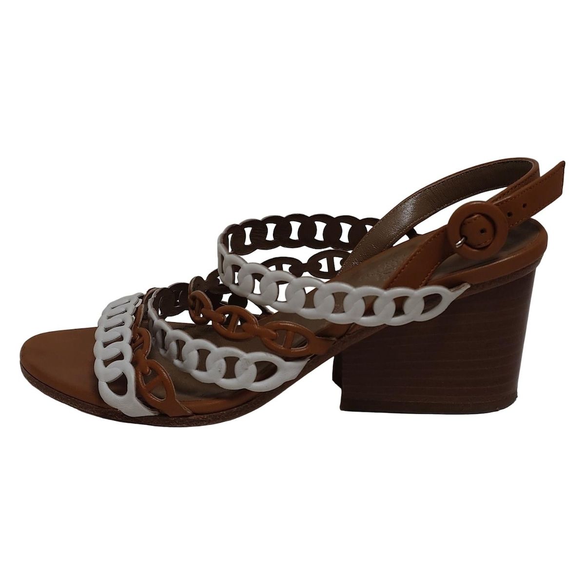 Hermes Sandals 35 1/2 Women's Romanza White X Light Brown Chaine Dancre Leather