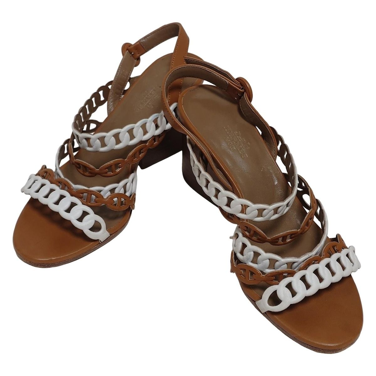 Hermes Sandals 35 1/2 Women's Romanza White X Light Brown Chaine Dancre Leather