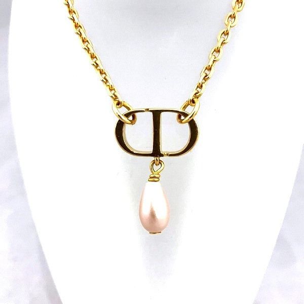 Dior Gold X Light Pink CD Logo Fake Pearl Brand Accessories Necklace Women's