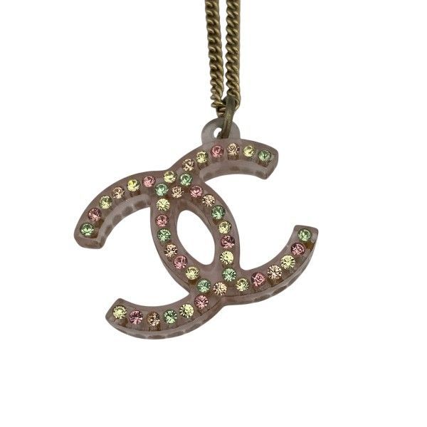 Chanel Pink X Gold 04a Coco Mark Rhinestone Brand Accessories Necklace Ladies