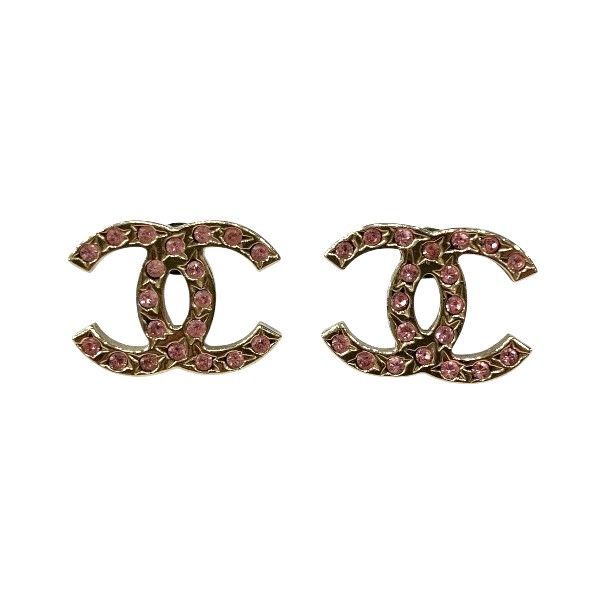 Chanel 06a Coco Mark Gold X Pink Rhinestone Brand Accessories Earrings Ladies