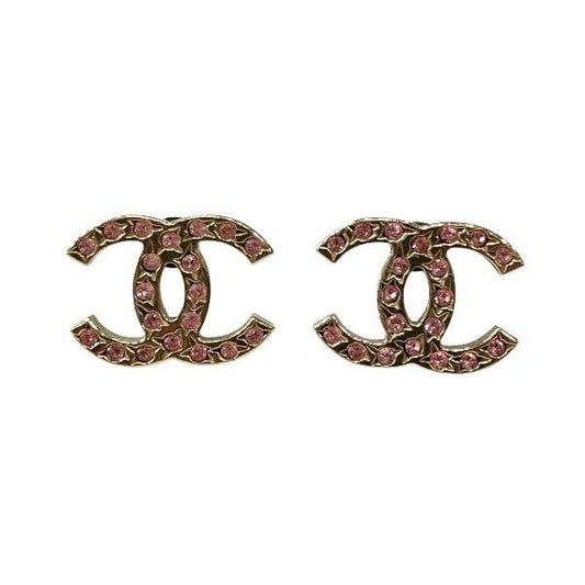 Chanel 06a Coco Mark Gold X Pink Rhinestone Brand Accessories Earrings Ladies