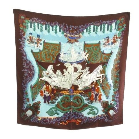 Hermes Carre 90 King's Paradise le Paradis du Roy Silk 100 Brown Blue