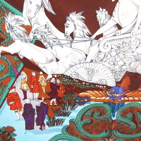 Hermes Carre 90 King's Paradise le Paradis du Roy Silk 100 Brown Blue