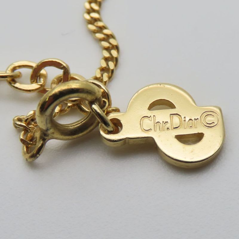 Christian Dior Necklace CD Logo Metal Rhinestone Gold Plated GP Accessories