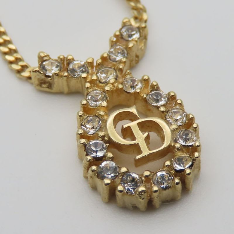 Christian Dior Necklace CD Logo Metal Rhinestone Gold Plated GP Accessories