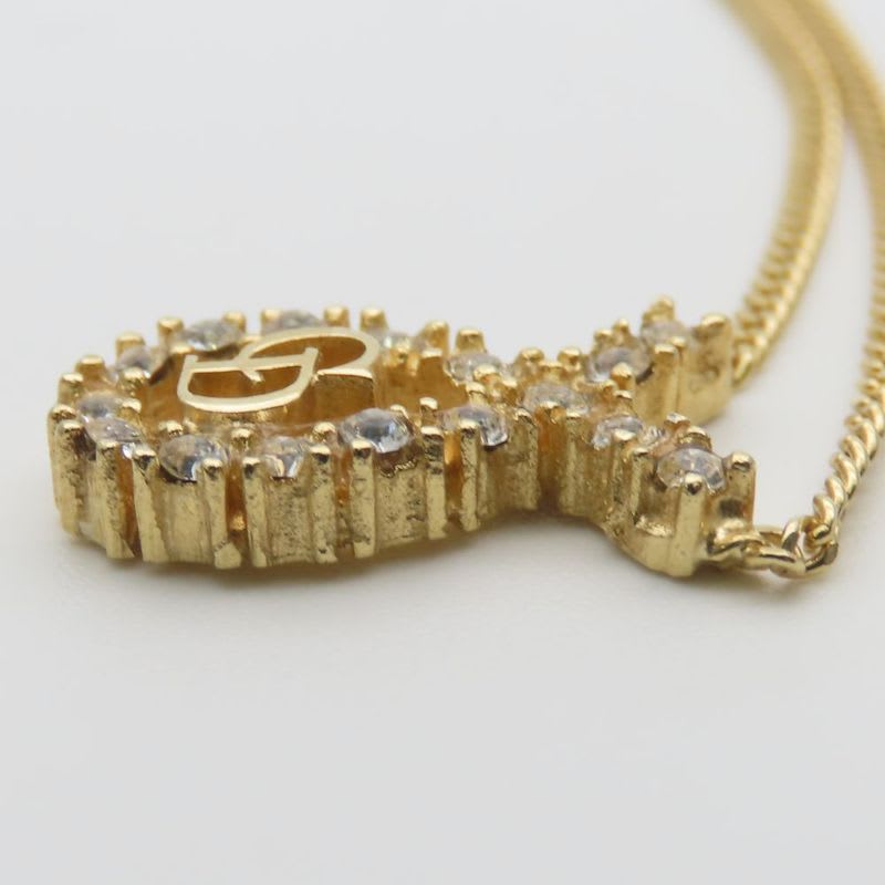Christian Dior Necklace CD Logo Metal Rhinestone Gold Plated GP Accessories