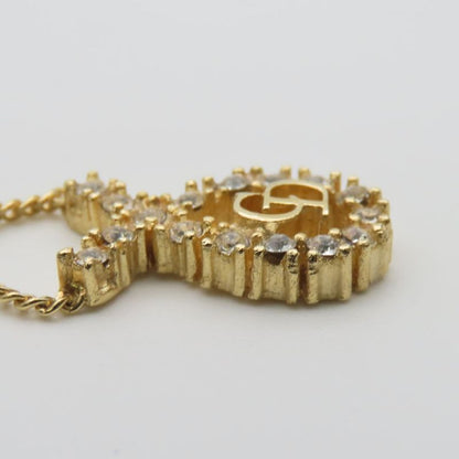 Christian Dior Necklace CD Logo Metal Rhinestone Gold Plated GP Accessories