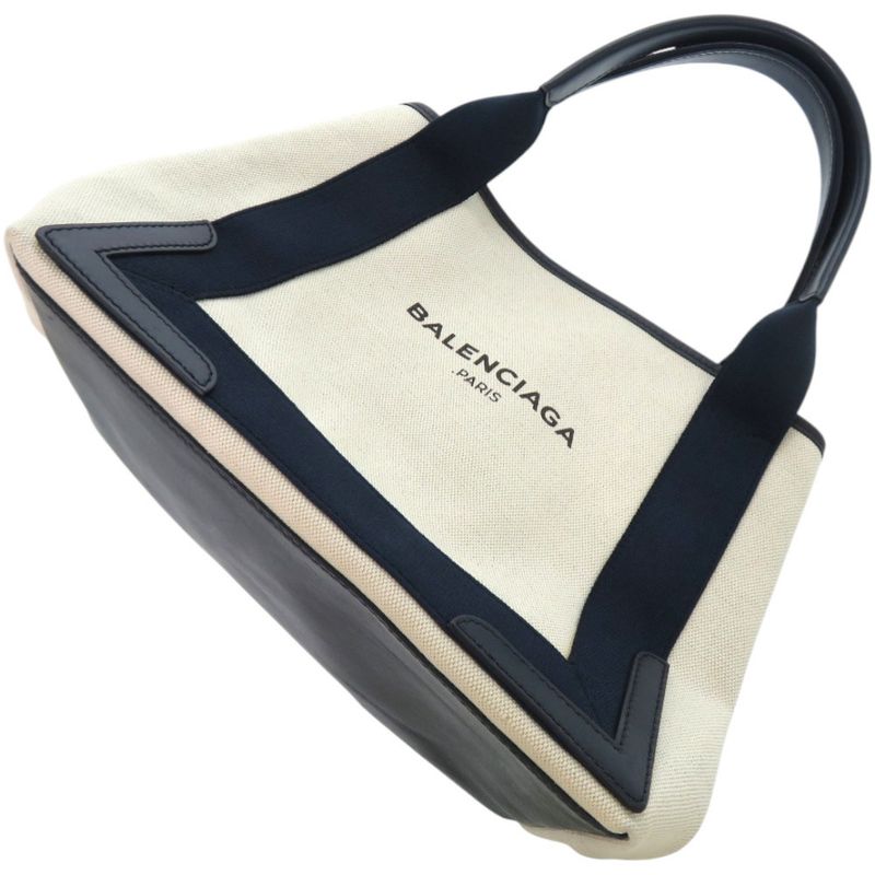 Balenciaga Navy Cabas S 339933 4081 C 535269 Canvas Leather Natural Navy