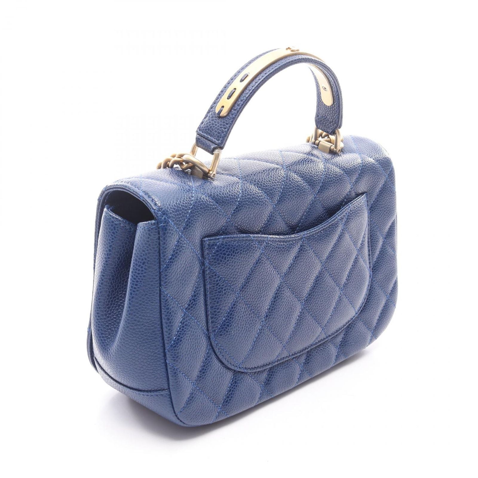 Chanel Shoulder Bag Matelasse Top Handle Blue Caviar Skin (grained Calf) Top