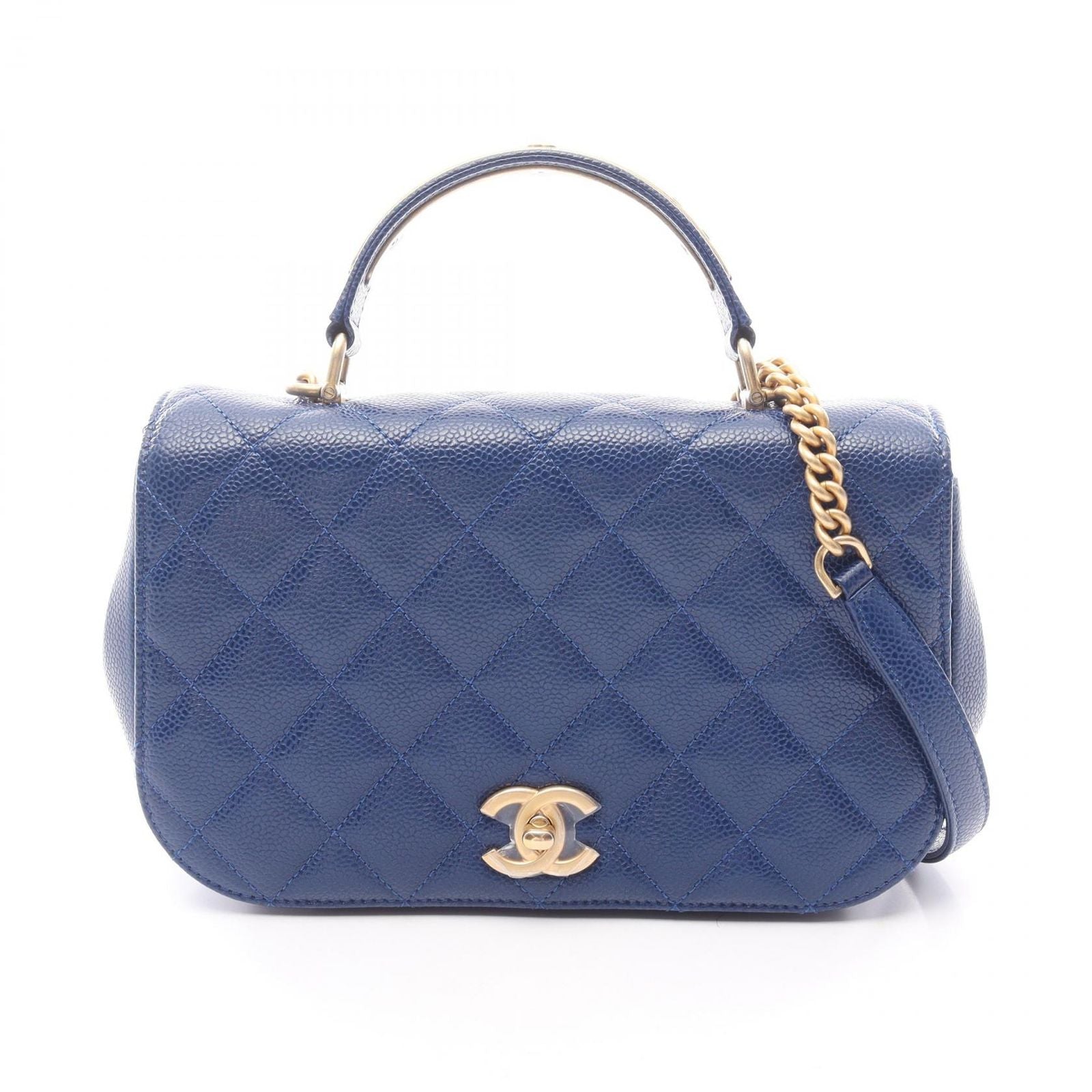 Chanel Shoulder Bag Matelasse Top Handle Blue Caviar Skin (grained Calf) Top