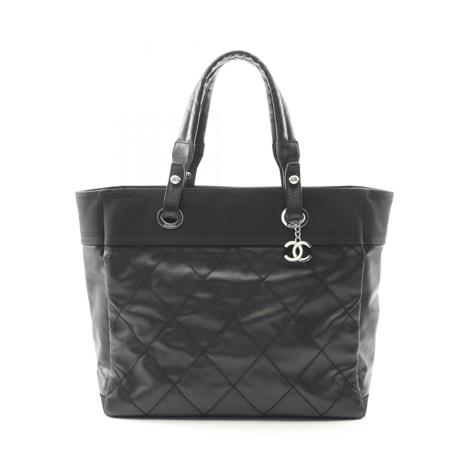 Chanel Tote Bag Paris Biarritz MM Black PVC Coated Canvas Leather Paris