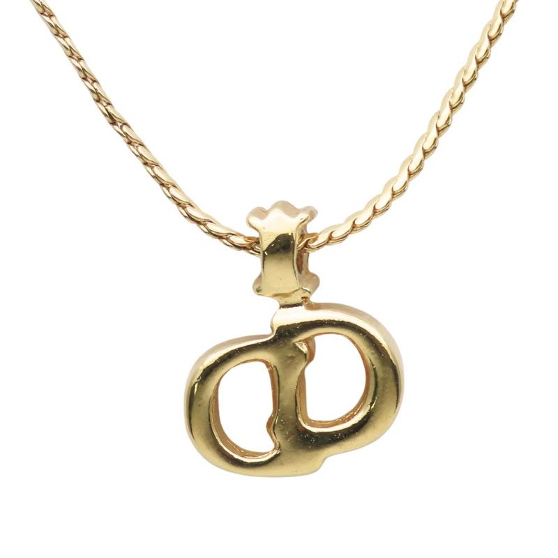 Christian Dior Necklace CD Logo Metal Rhinestone Gold Accessory Plated GP