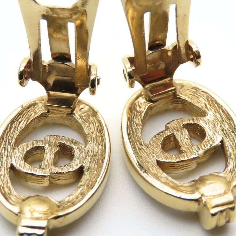 Christian Dior Earring CD Logo Metal Rhinestone Gold Plated Accessory Ladies