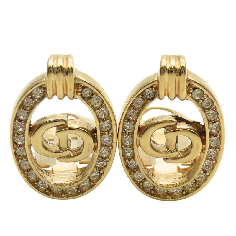 Christian Dior Earring CD Logo Metal Rhinestone Gold Plated Accessory Ladies