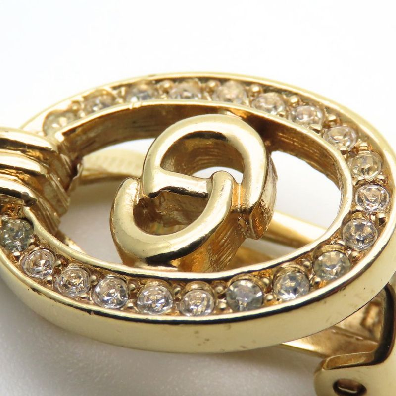 Christian Dior Earring CD Logo Metal Rhinestone Gold Plated Accessory Ladies