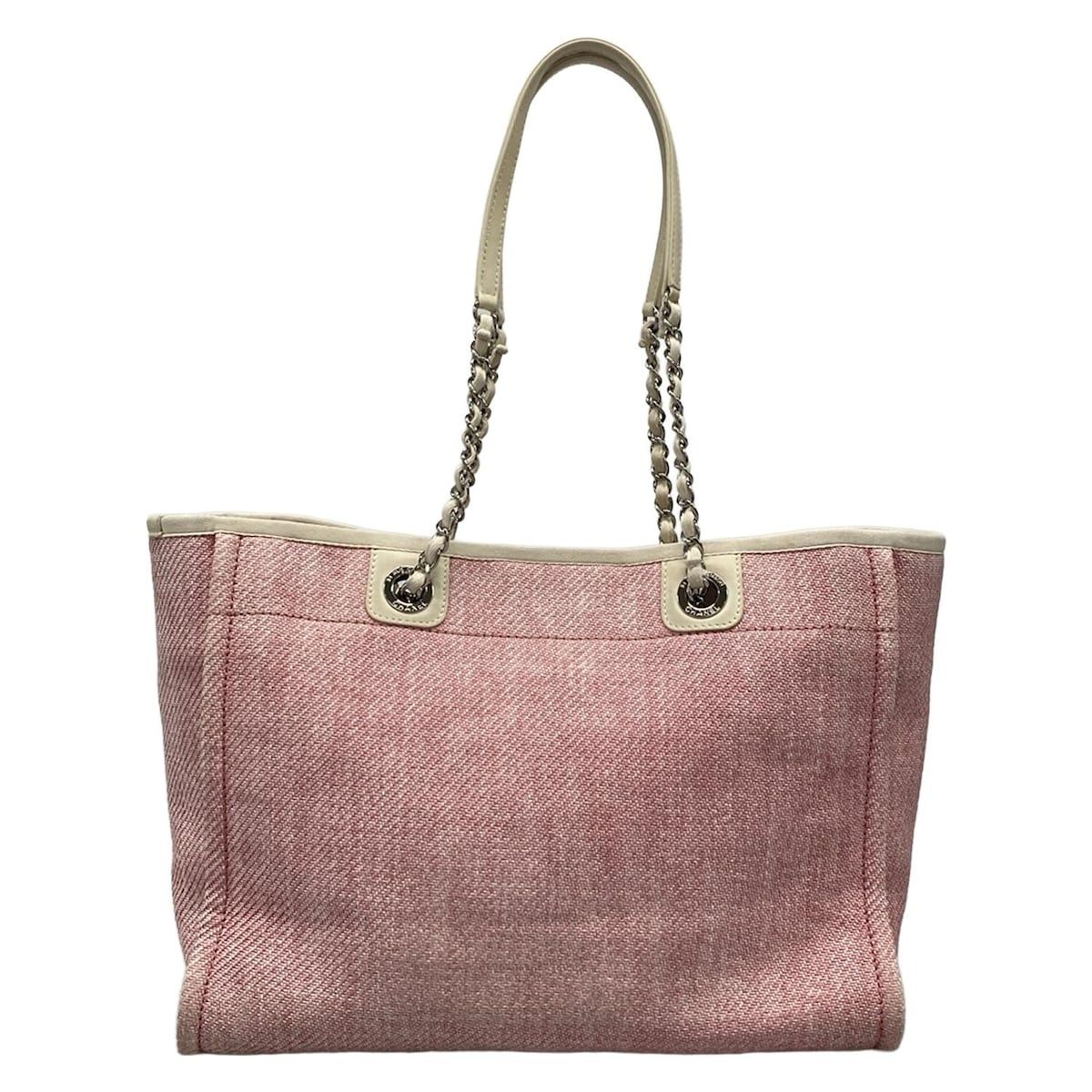 Chanel Tote Bag Deauville Line MM Pink X White Silver Hardware / Chain Shoulder