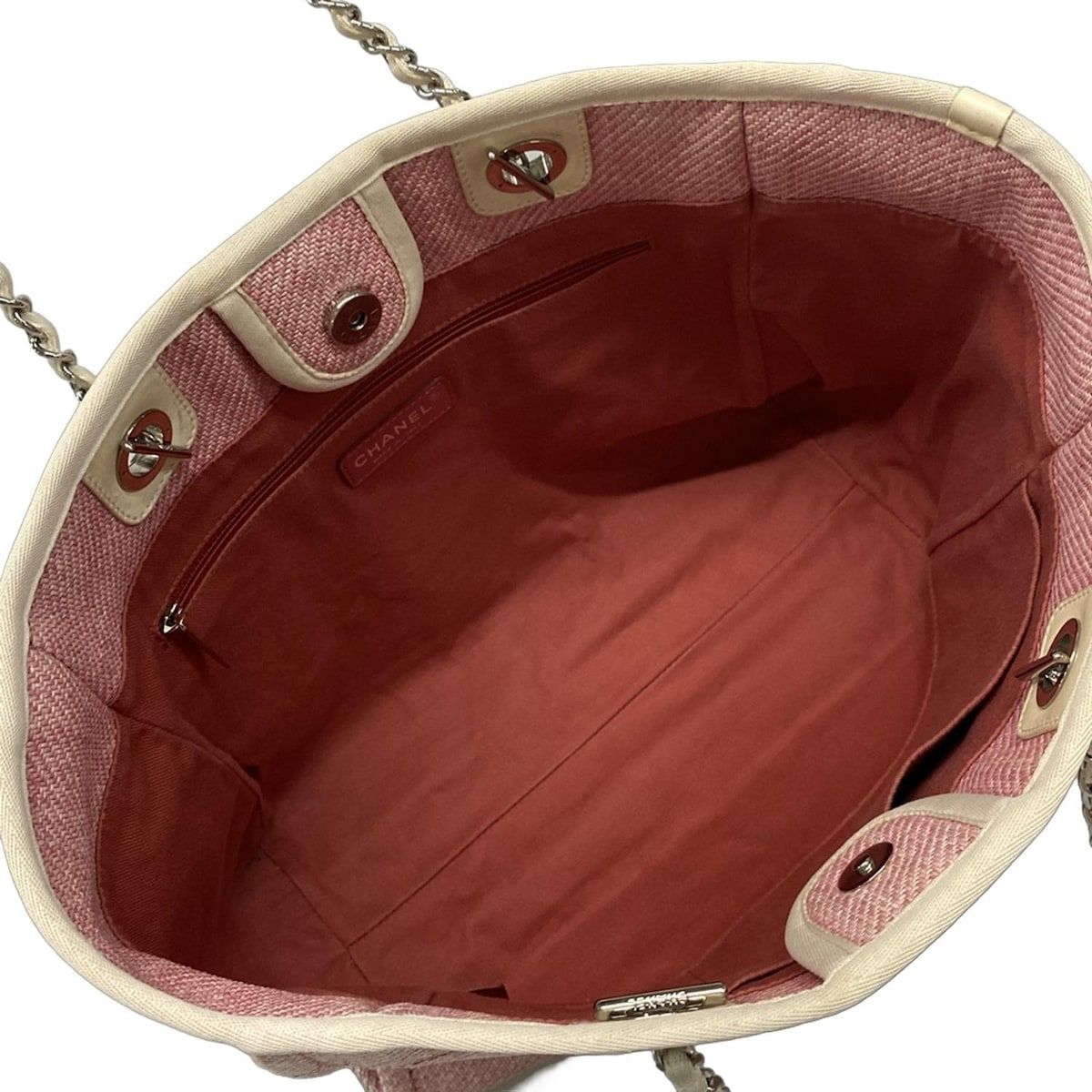Chanel Tote Bag Deauville Line MM Pink X White Silver Hardware / Chain Shoulder
