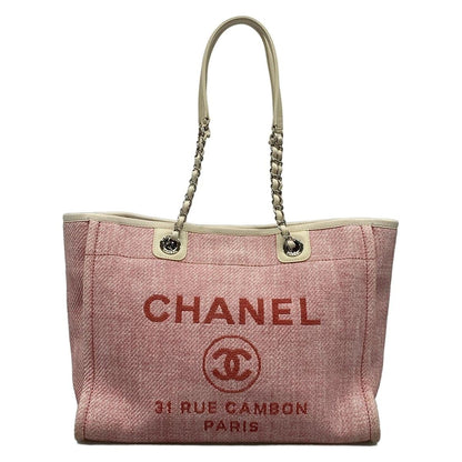 Chanel Tote Bag Deauville Line MM Pink X White Silver Hardware / Chain Shoulder