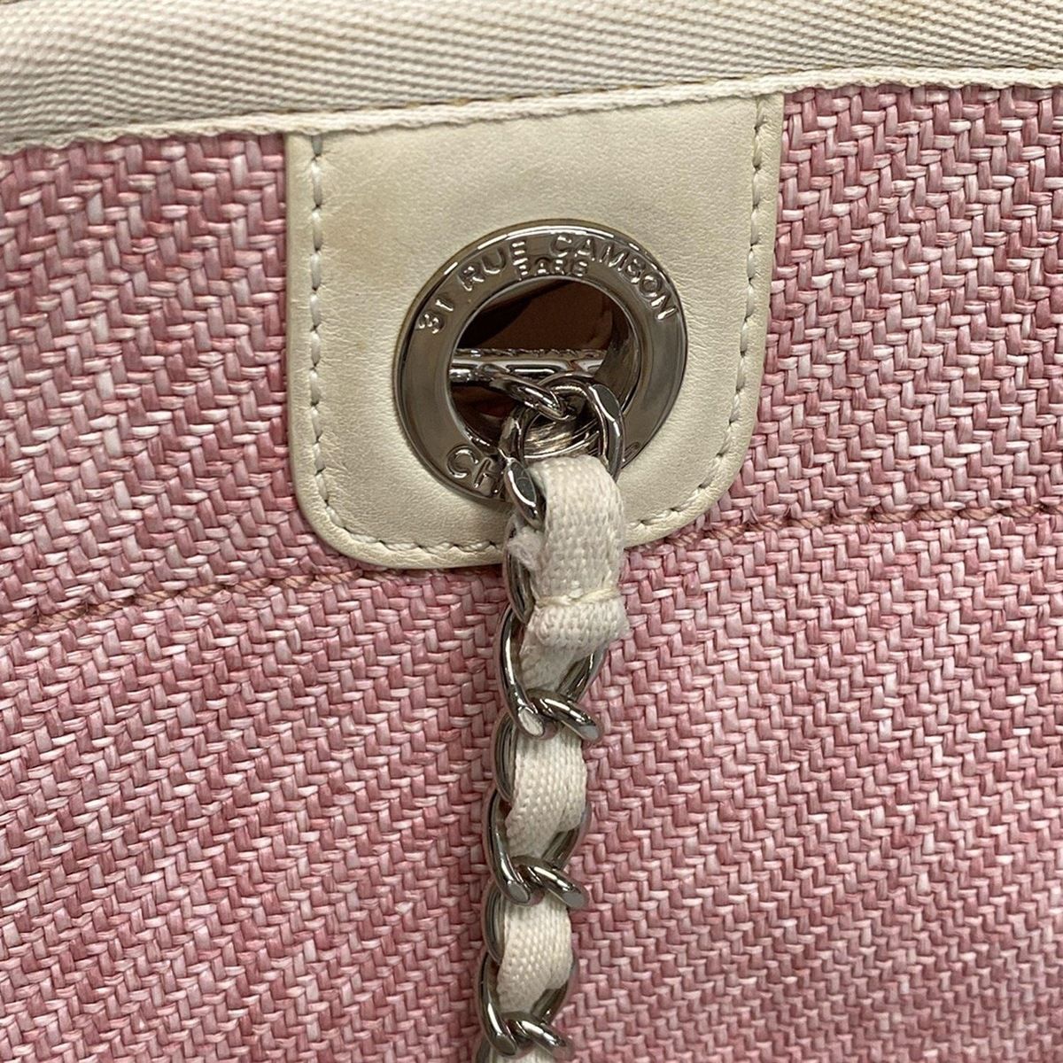 Chanel Tote Bag Deauville Line MM Pink X White Silver Hardware / Chain Shoulder