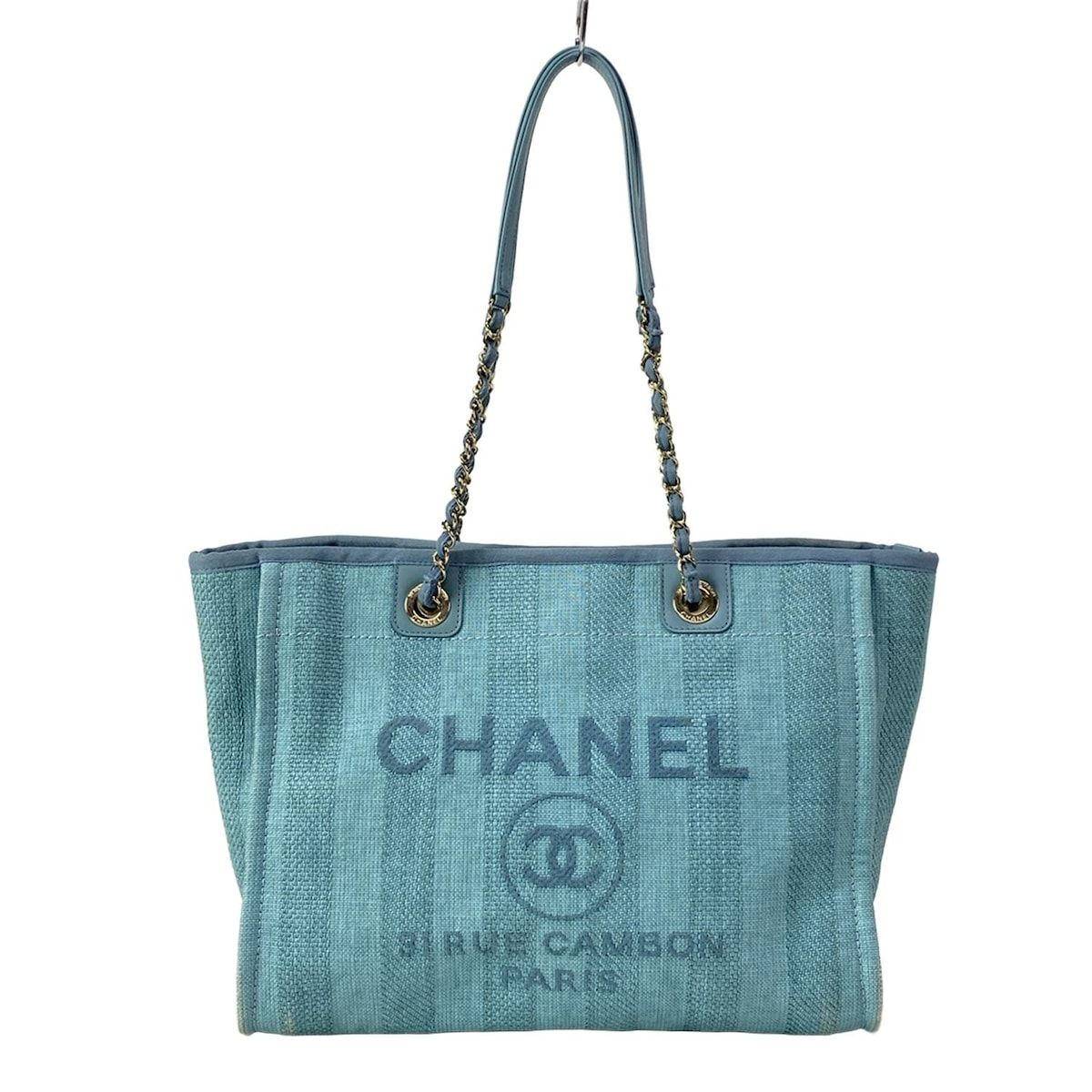 Chanel Tote Bag Deauville Line MM Light Blue Stripe/chain Shoulder/gold Hardware
