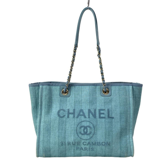 Chanel Tote Bag Deauville Line MM Light Blue Stripe/chain Shoulder/gold Hardware