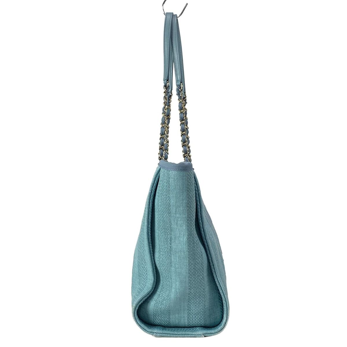 Chanel Tote Bag Deauville Line MM Light Blue Stripe/chain Shoulder/gold Hardware