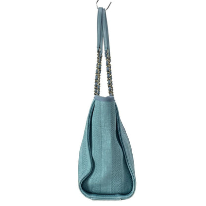 Chanel Tote Bag Deauville Line MM Light Blue Stripe/chain Shoulder/gold Hardware
