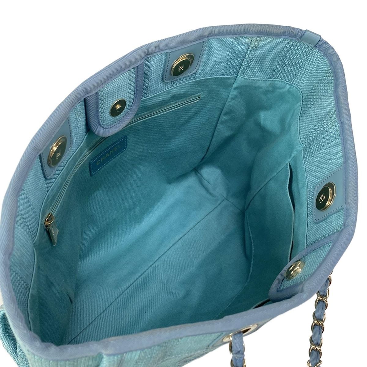 Chanel Tote Bag Deauville Line MM Light Blue Stripe/chain Shoulder/gold Hardware