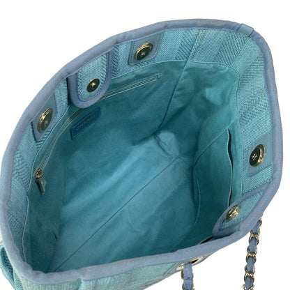 Chanel Tote Bag Deauville Line MM Light Blue Stripe/chain Shoulder/gold Hardware