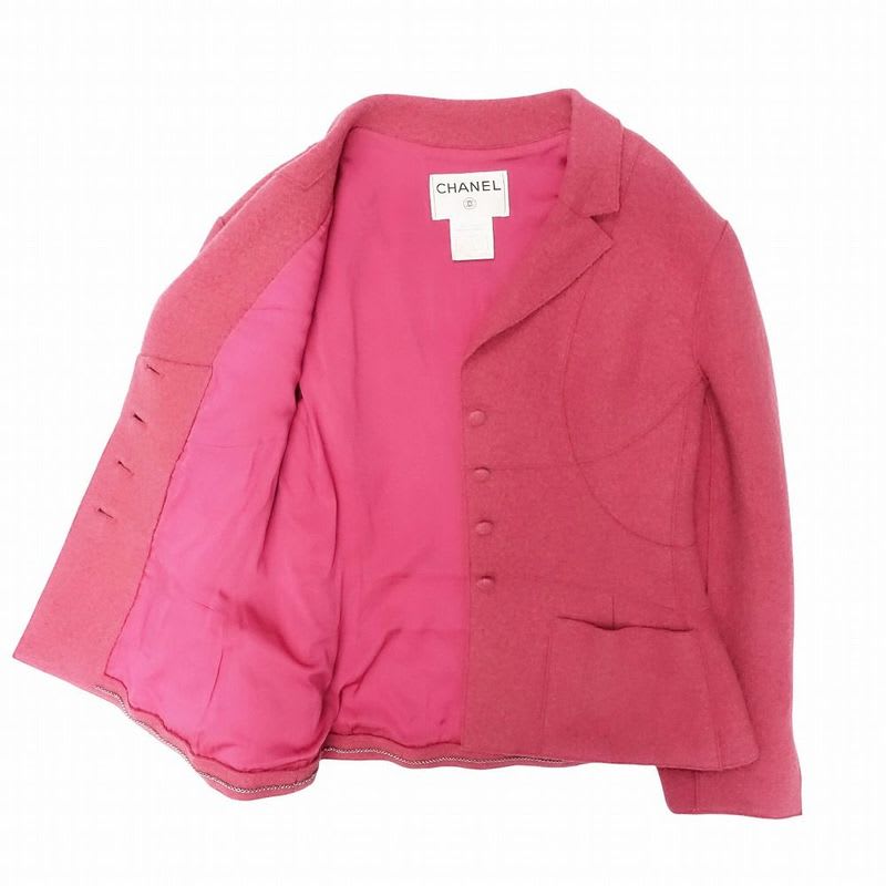 Chanel 99 A Wool Tweed Jacket Blue Leather Logo Plate Chain 38 M Vintage