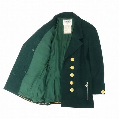 Chanel Set Suit Tweed Jacket Skirt Gold Button Green 38 M Vintage
