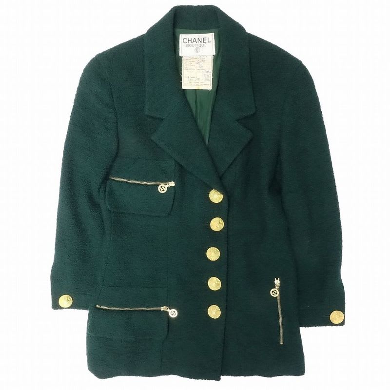 Chanel Set Suit Tweed Jacket Skirt Gold Button Green 38 M Vintage