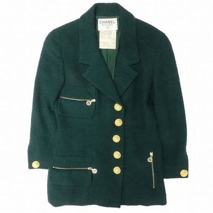 Chanel Set Suit Tweed Jacket Skirt Gold Button Green 38 M Vintage