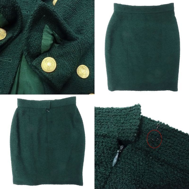 Chanel Set Suit Tweed Jacket Skirt Gold Button Green 38 M Vintage