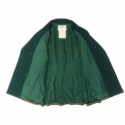 Chanel Set Suit Tweed Jacket Skirt Gold Button Green 38 M Vintage