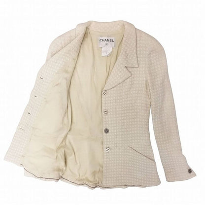 Chanel Tweed Jacket Blue Leather Logo Button 00 C Top Size 36 S 00S