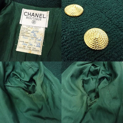 Chanel Set Suit Tweed Jacket Skirt Gold Button Green 38 M Vintage