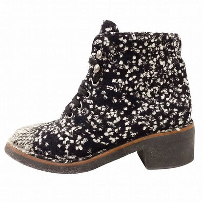 Chanel Tweed Boots Short Coco Mark Lace Up Shoes Size 38 24 cm