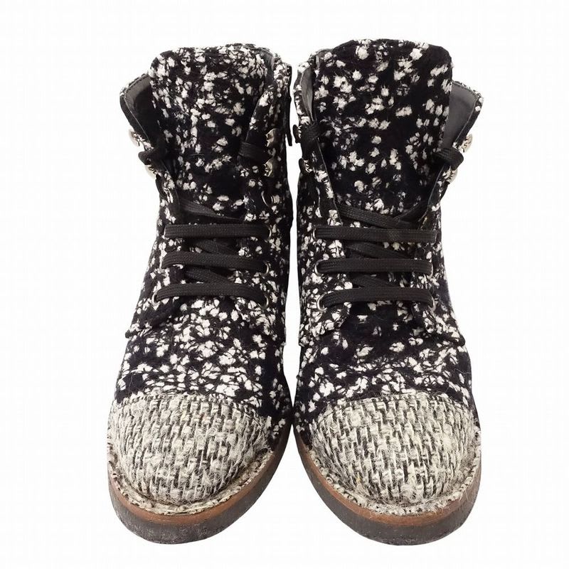 Chanel Tweed Boots Short Coco Mark Lace Up Shoes Size 38 24 cm