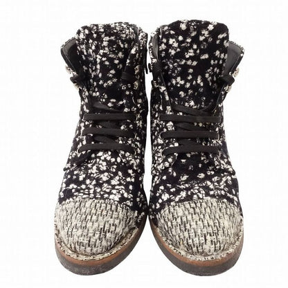 Chanel Tweed Boots Short Coco Mark Lace Up Shoes Size 38 24 cm